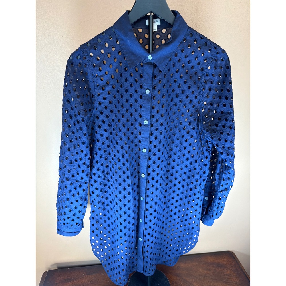 J.Crew Womens Navy Blue Eyelet Long Sleeve Button Down Shirt Size M Openwork Top